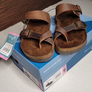 Mountain Sole Women's Easy Slip-On Two Loop Design Leather Sandal Brown Size 6